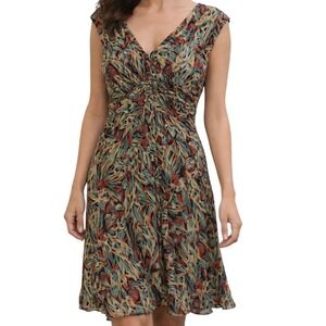 Vintage Jones New York 100% Silk Abstract V Neck Pleated Seam Dress Size‎ 12